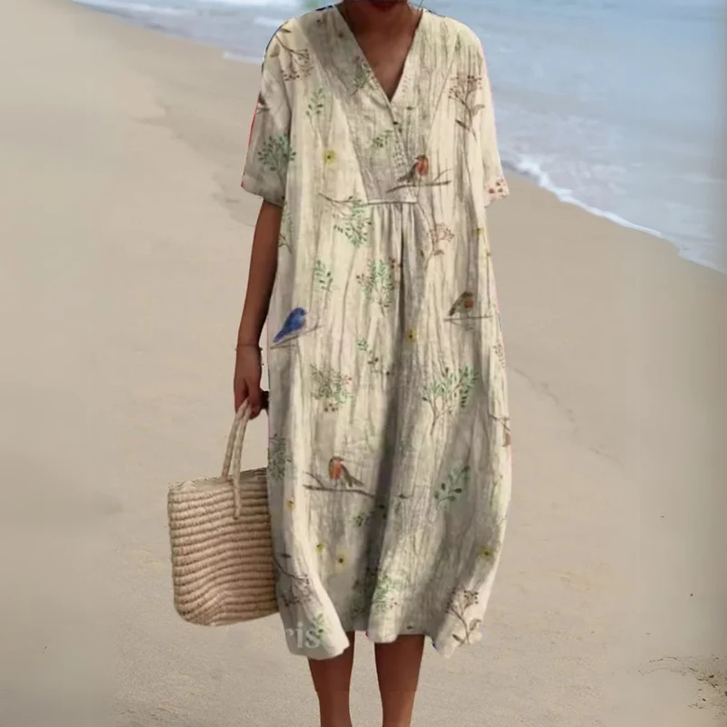 Johanna | Damen Blumen V-Ausschnitt Kurzarm Midi Sommerkleid