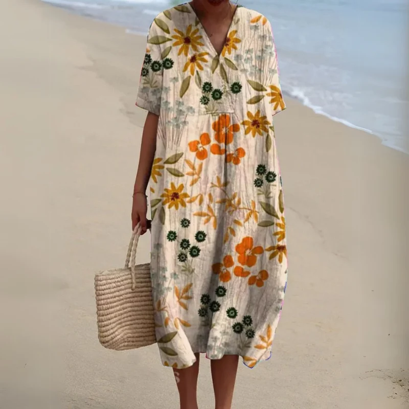 Johanna | Damen Blumen V-Ausschnitt Kurzarm Midi Sommerkleid