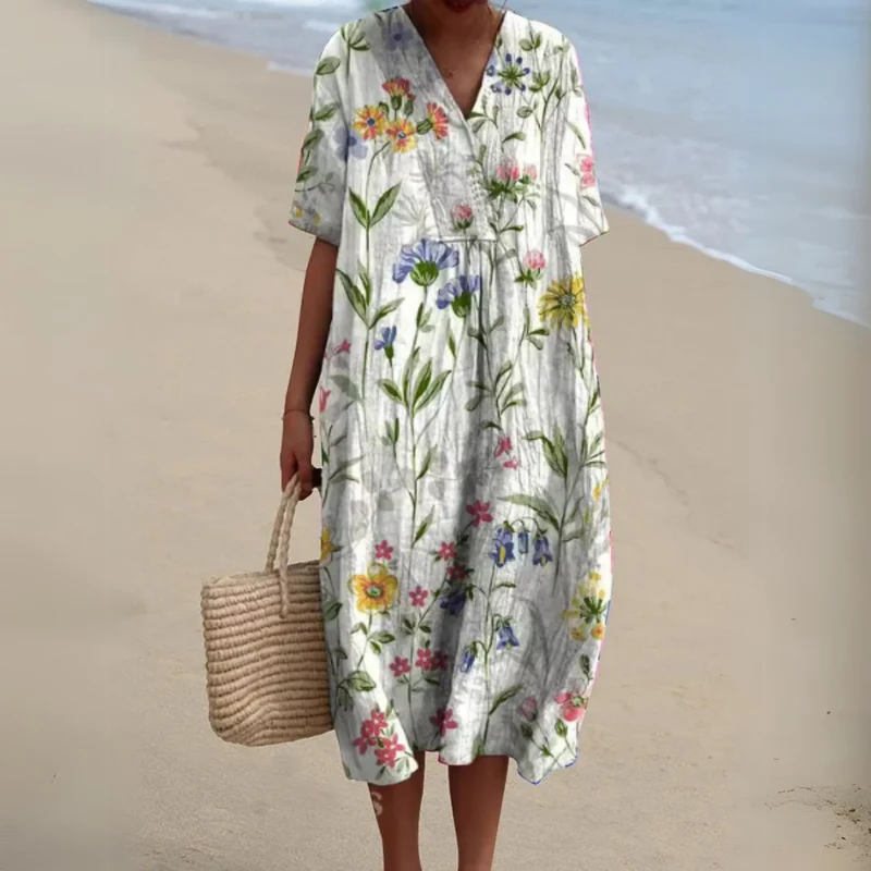 Johanna | Damen Blumen V-Ausschnitt Kurzarm Midi Sommerkleid