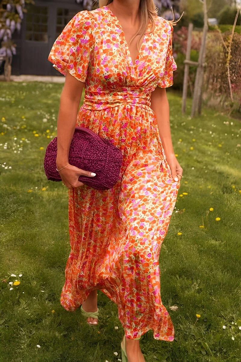 Annika | Damen Maxi Blumenkleid V-Ausschnitt Kurzarm