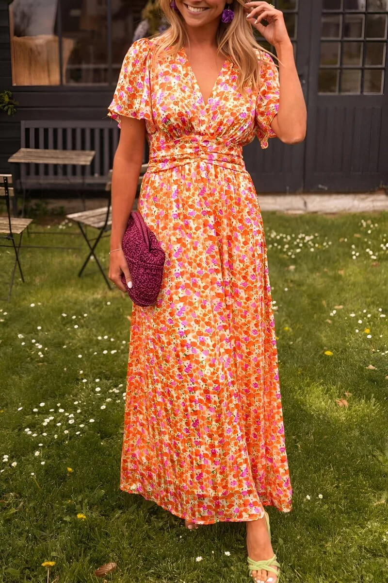 Annika | Damen Maxi Blumenkleid V-Ausschnitt Kurzarm
