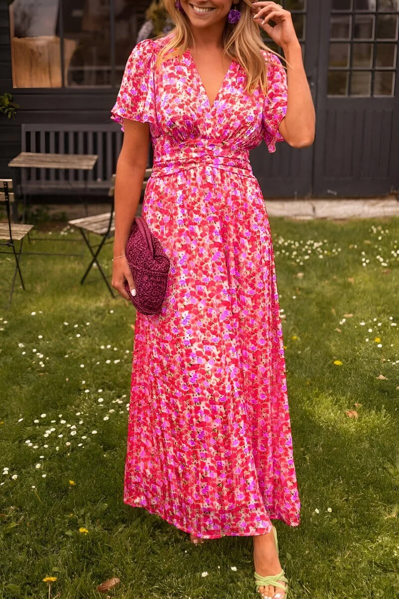 Annika | Damen Maxi Blumenkleid V-Ausschnitt Kurzarm