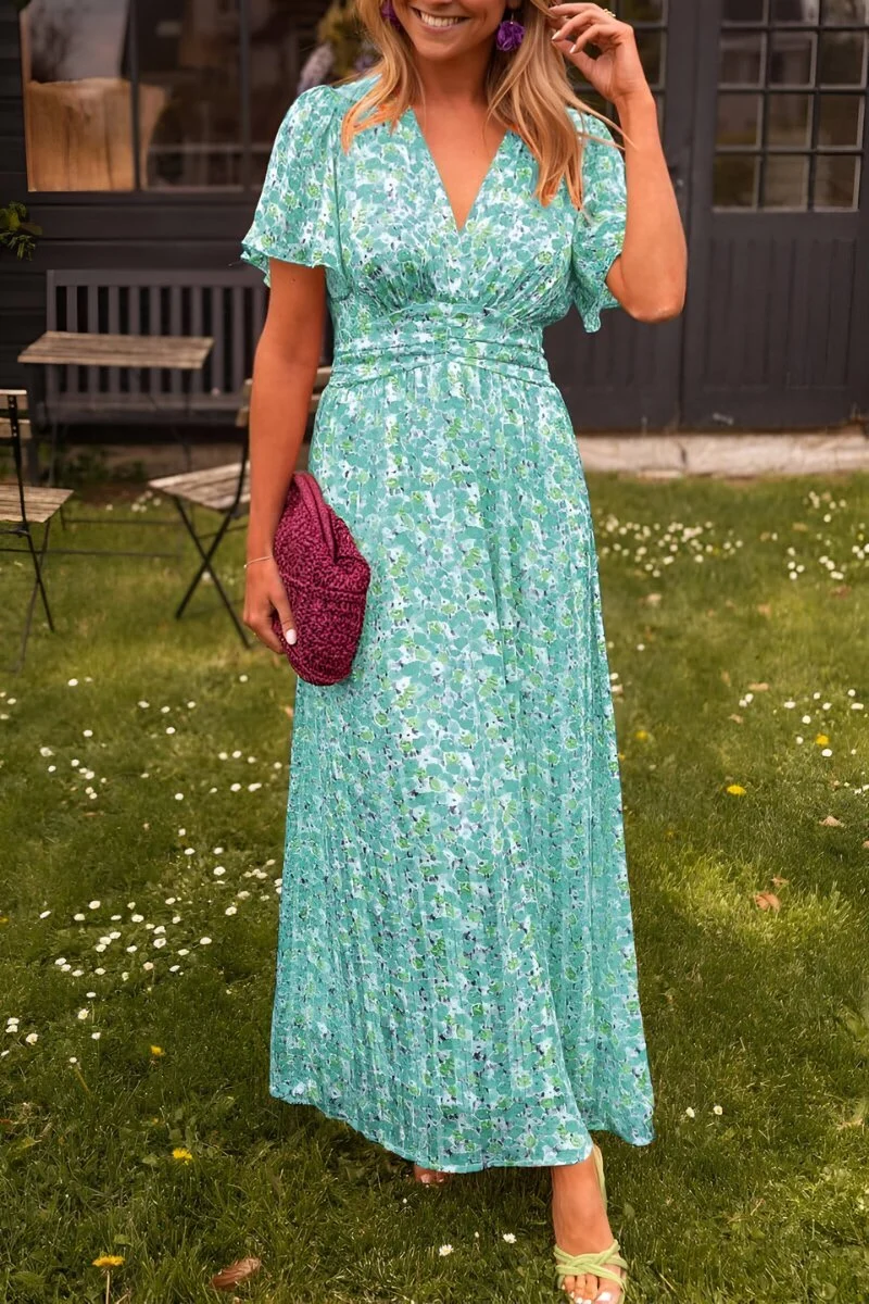 Annika | Damen Maxi Blumenkleid V-Ausschnitt Kurzarm