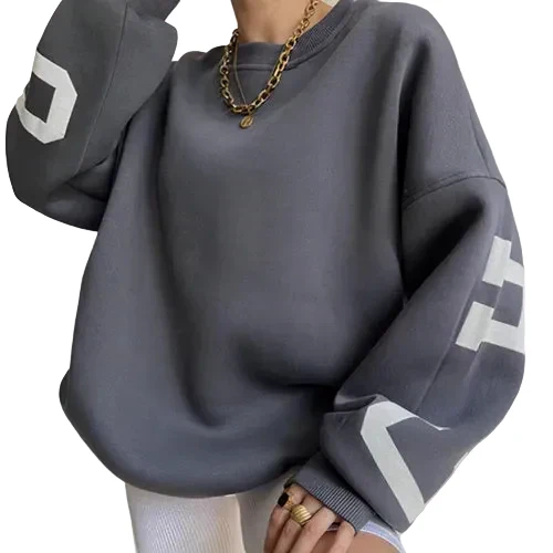 Damen Oversize Pullover mit Rundhalsausschnitt und Ärmeldruck