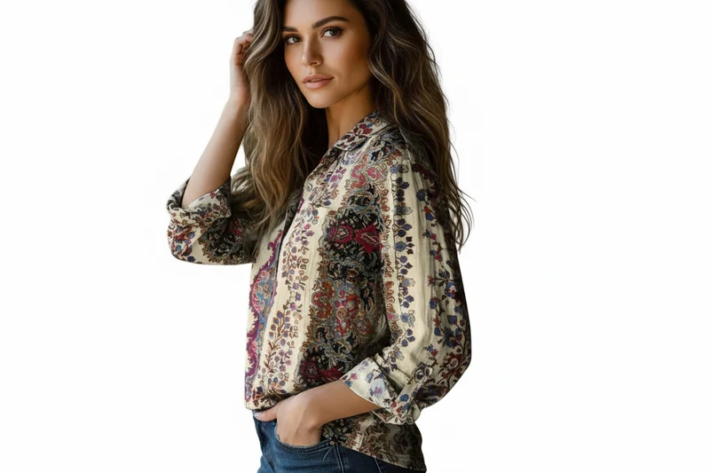 Damen Bluse mit Ornamentdruck und Knopfleiste