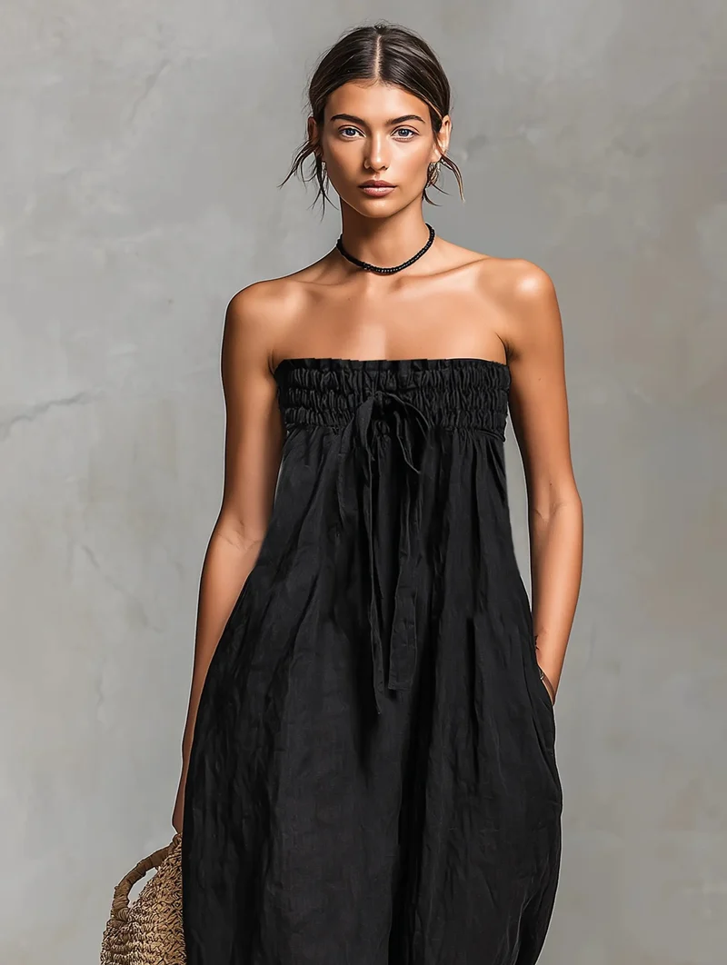 Emilia | Damen Leinen Jumpsuit Trägerlos Weites Bein