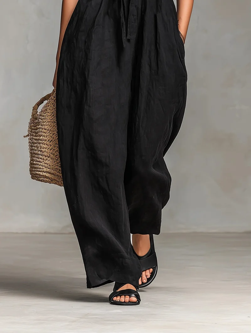 Emilia | Damen Leinen Jumpsuit Trägerlos Weites Bein
