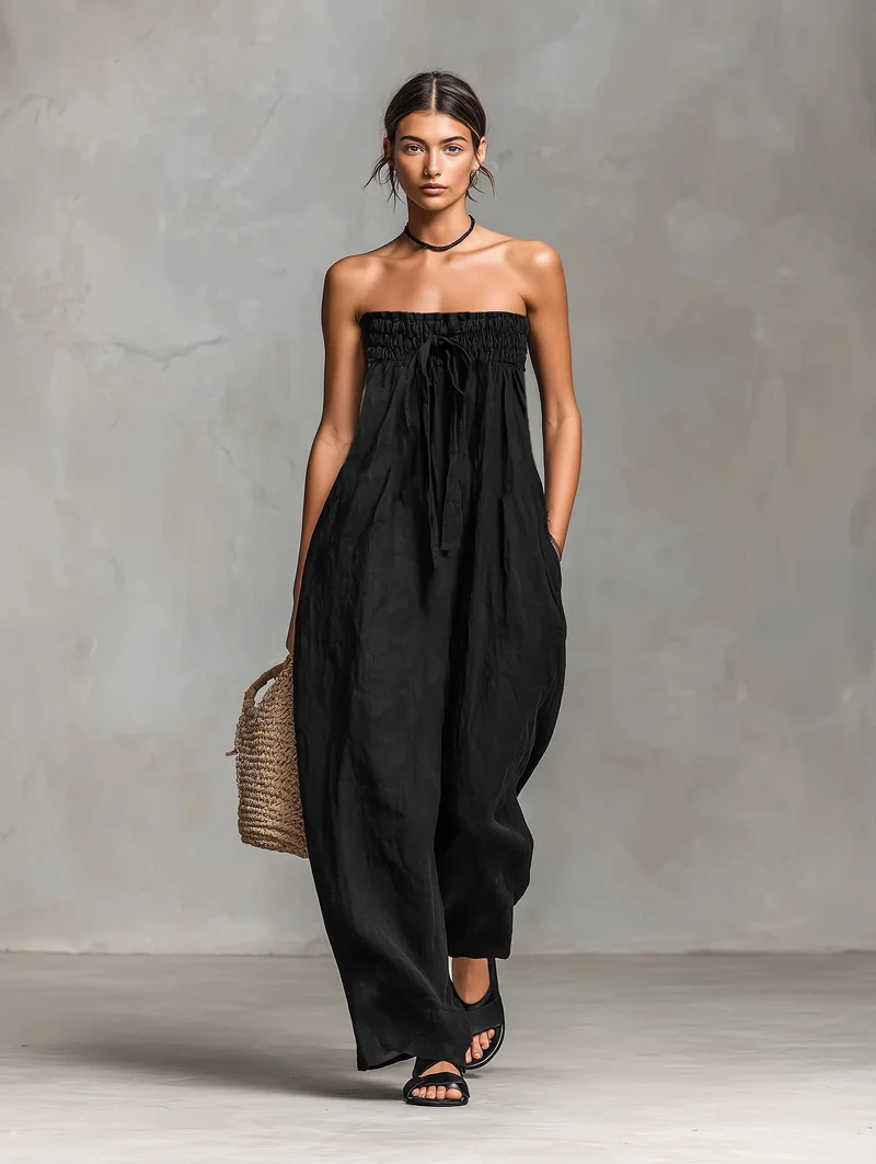 Emilia | Damen Leinen Jumpsuit Trägerlos Weites Bein