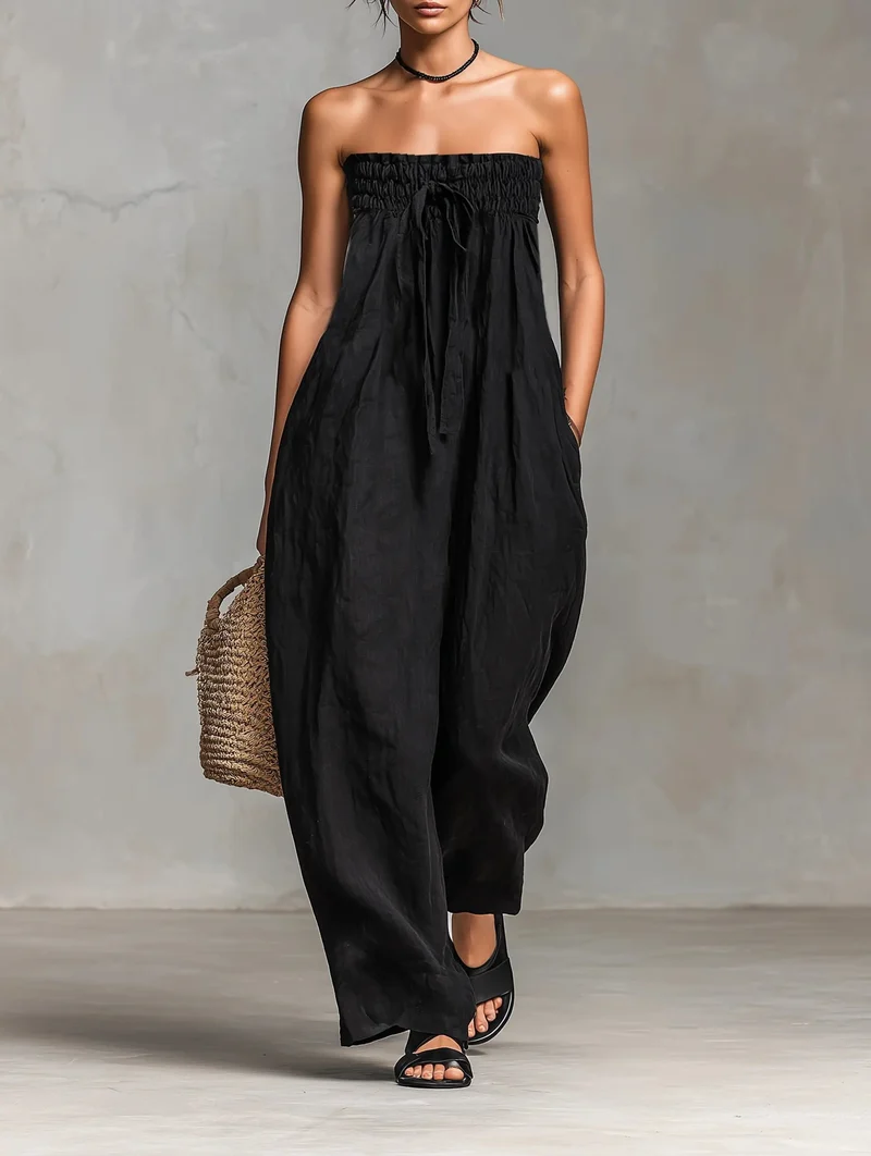 Emilia | Damen Leinen Jumpsuit Trägerlos Weites Bein