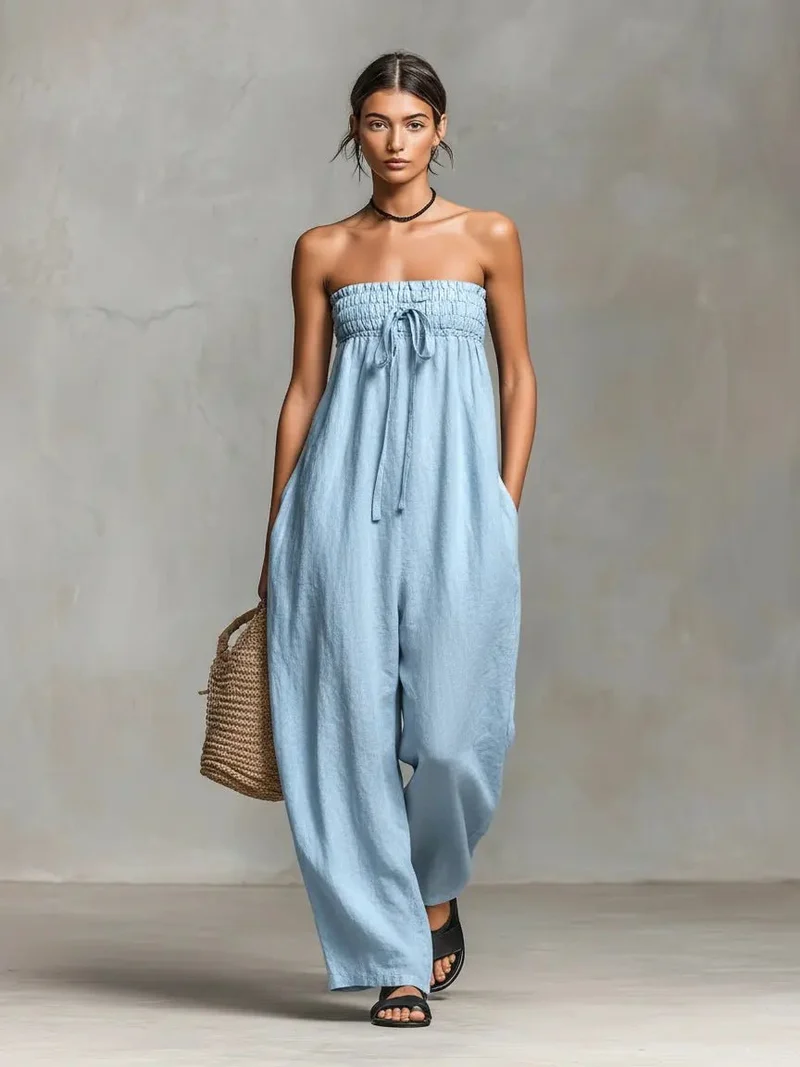 Emilia | Damen Leinen Jumpsuit Trägerlos Weites Bein