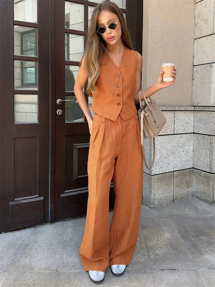 Luisa | Damen Leinen Hosenanzug Weste mit Plissee-Hose