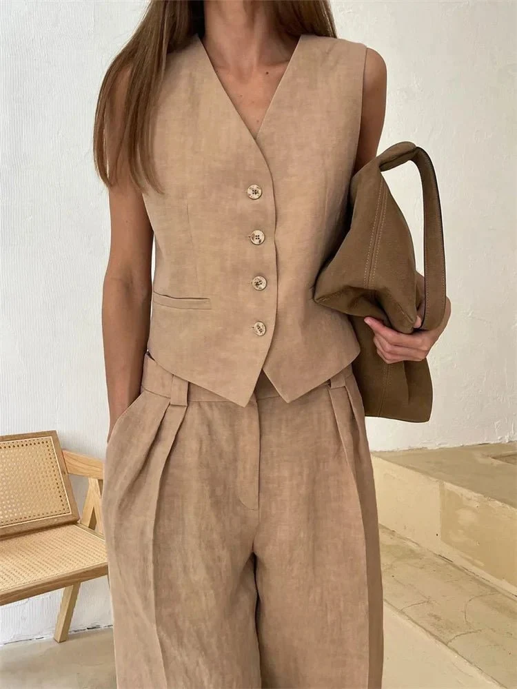 Luisa | Damen Leinen Hosenanzug Weste mit Plissee-Hose