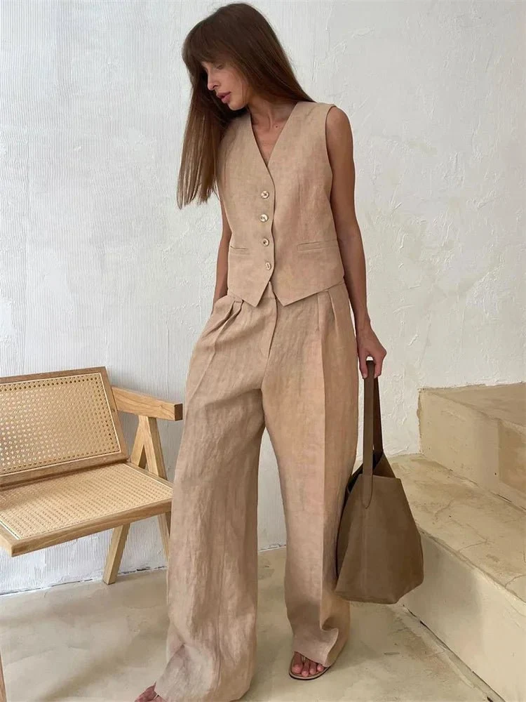 Luisa | Damen Leinen Hosenanzug Weste mit Plissee-Hose