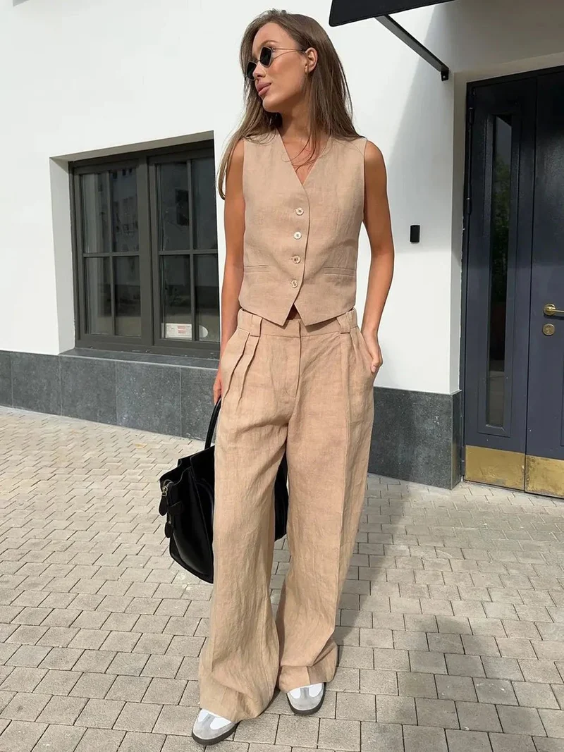Luisa | Damen Leinen Hosenanzug Weste mit Plissee-Hose