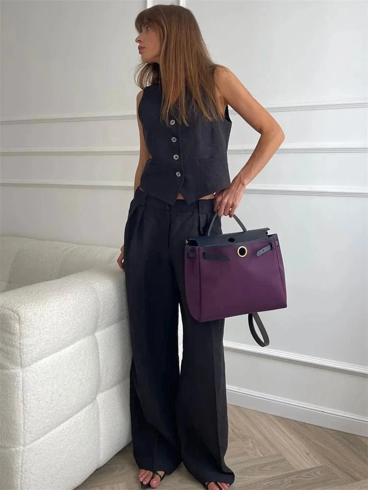 Luisa | Damen Leinen Hosenanzug Weste mit Plissee-Hose