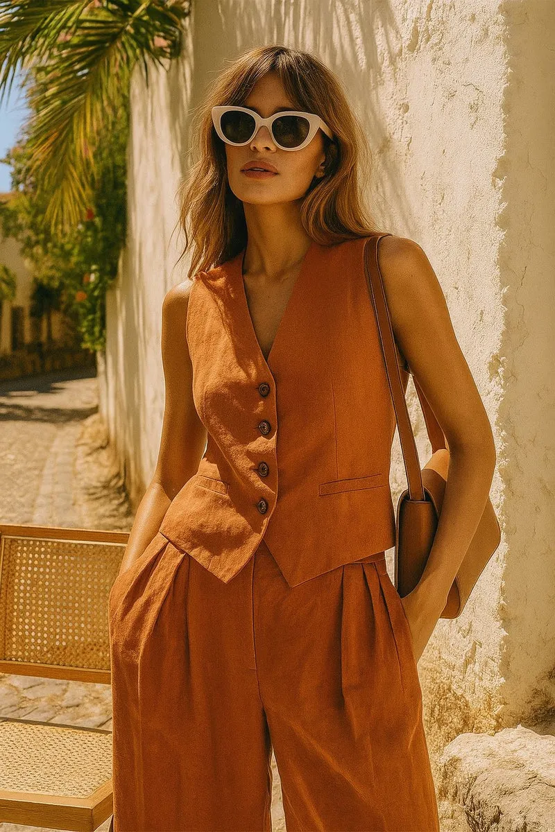 Luisa | Damen Leinen Hosenanzug Weste mit Plissee-Hose