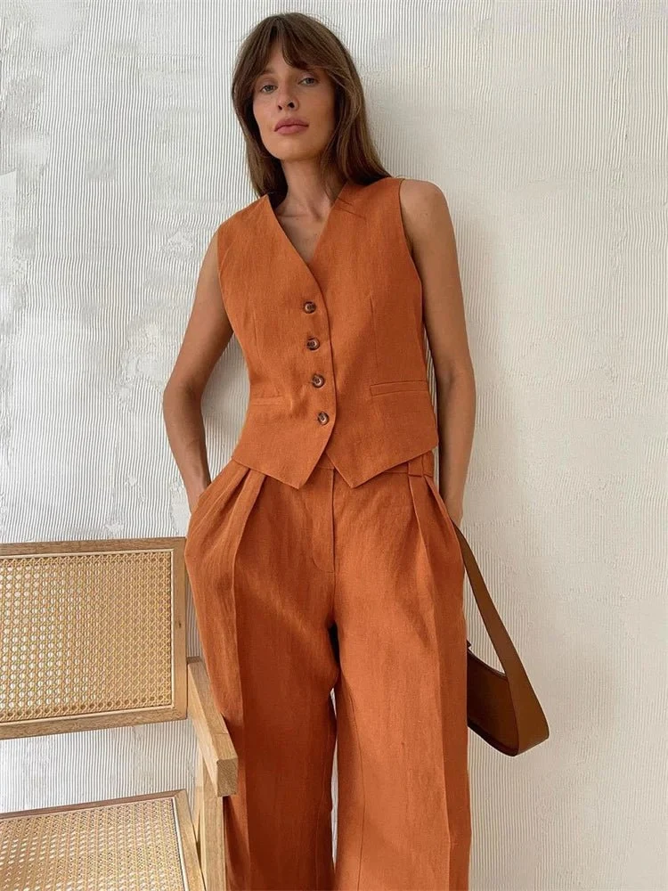 Luisa | Damen Leinen Hosenanzug Weste mit Plissee-Hose