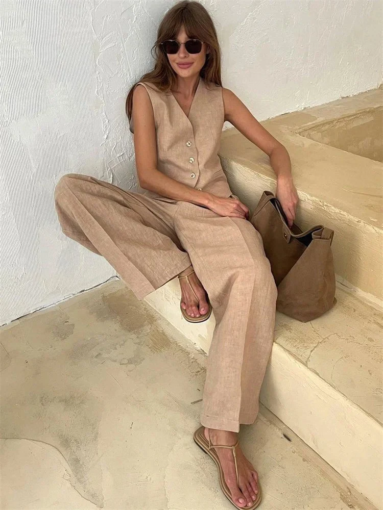 Luisa | Damen Leinen Hosenanzug Weste mit Plissee-Hose