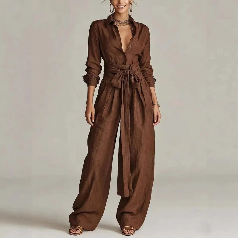 Charlotte | Damen Leinen Co-Ord Set Weite Hosen Hemdbluse