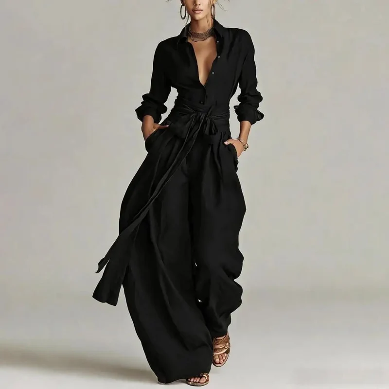Charlotte | Damen Leinen Co-Ord Set Weite Hosen Hemdbluse