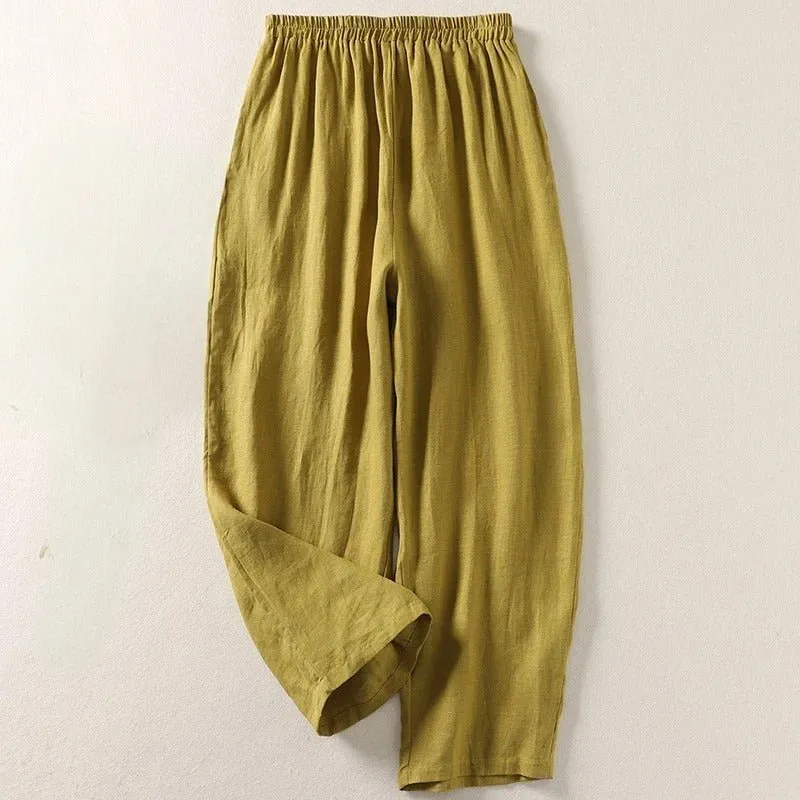 Hannah | Damen Leinen Hose Weiter Schnitt Elastischer Bund