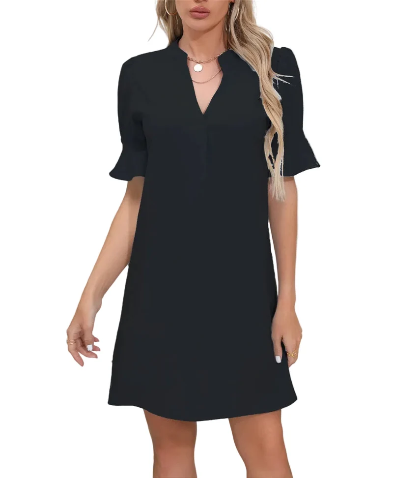Damen Kurzarm Kleid mit V-Ausschnitt und Ausgestellten Ärmeln