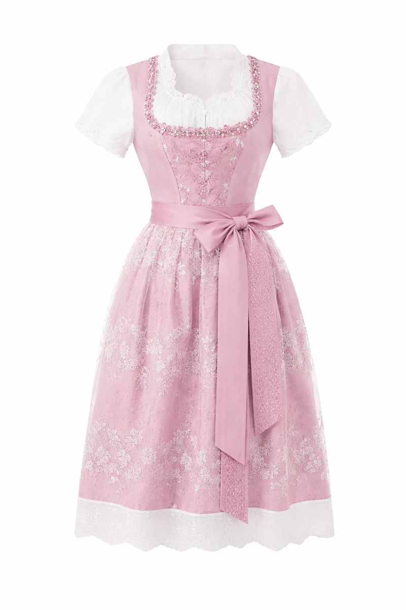 Damen Dirndl Kleid mit Perlenbesatz, Spitzeneinsatz und Bindeschleife