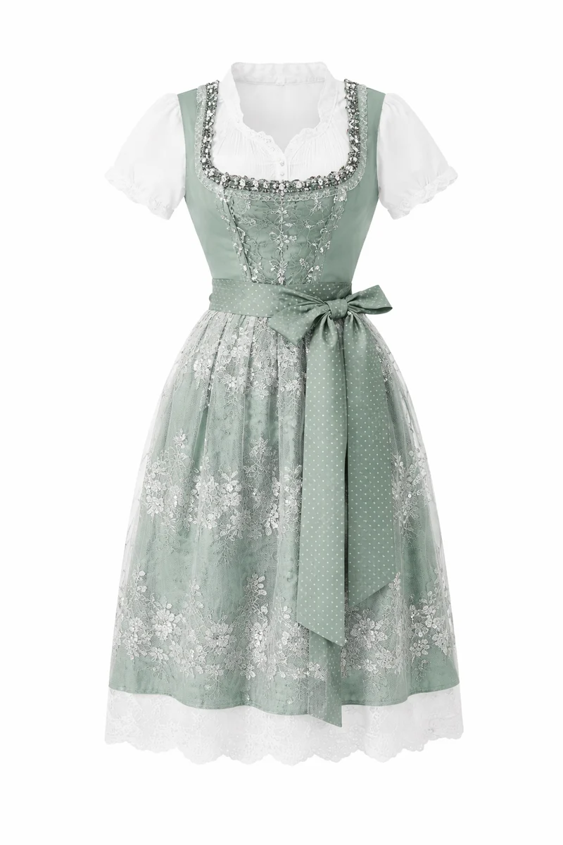 Damen Dirndl Kleid mit Perlenbesatz, Spitzeneinsatz und Bindeschleife