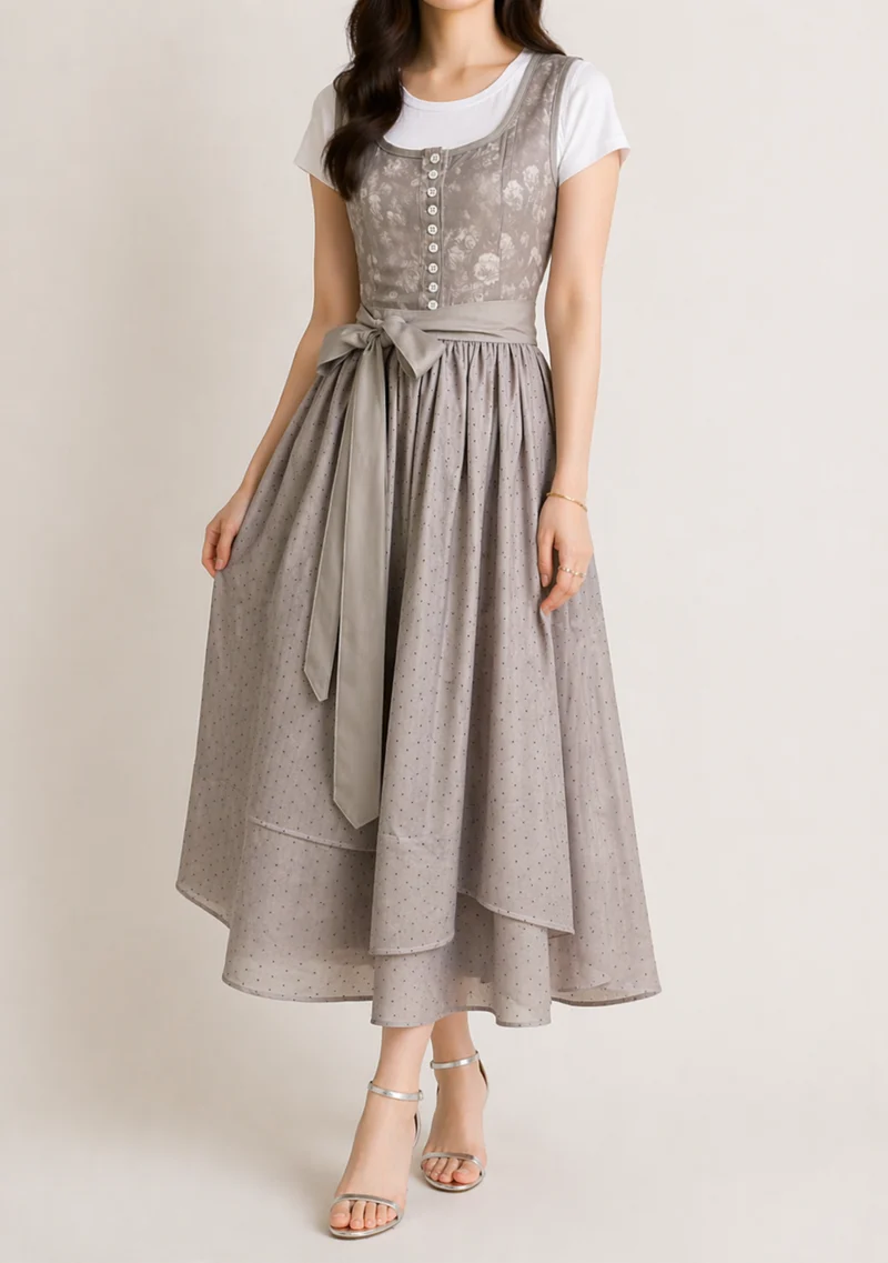Damen Dirndl Kleid mit Reißverschluss, Spitzenärmeln und Taillenband