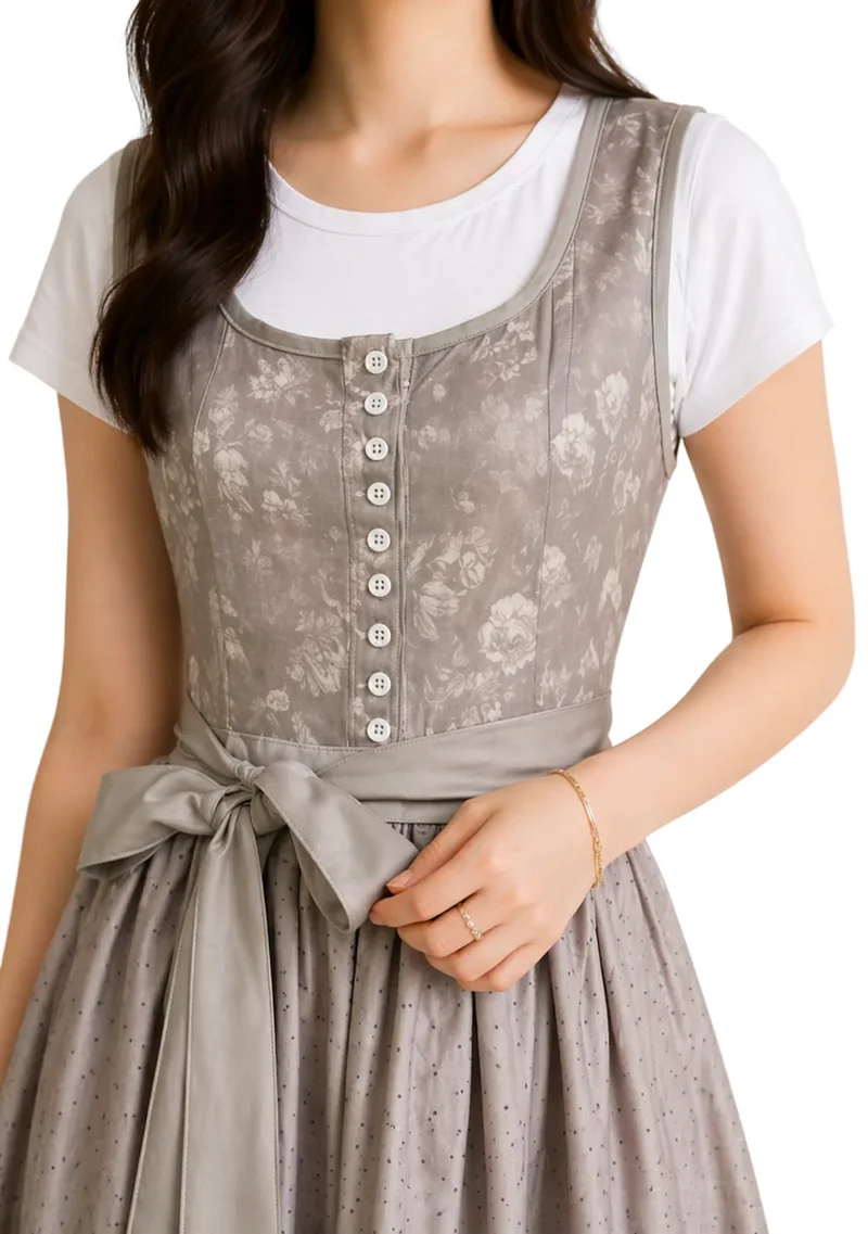 Damen Dirndl Kleid mit Reißverschluss, Spitzenärmeln und Taillenband