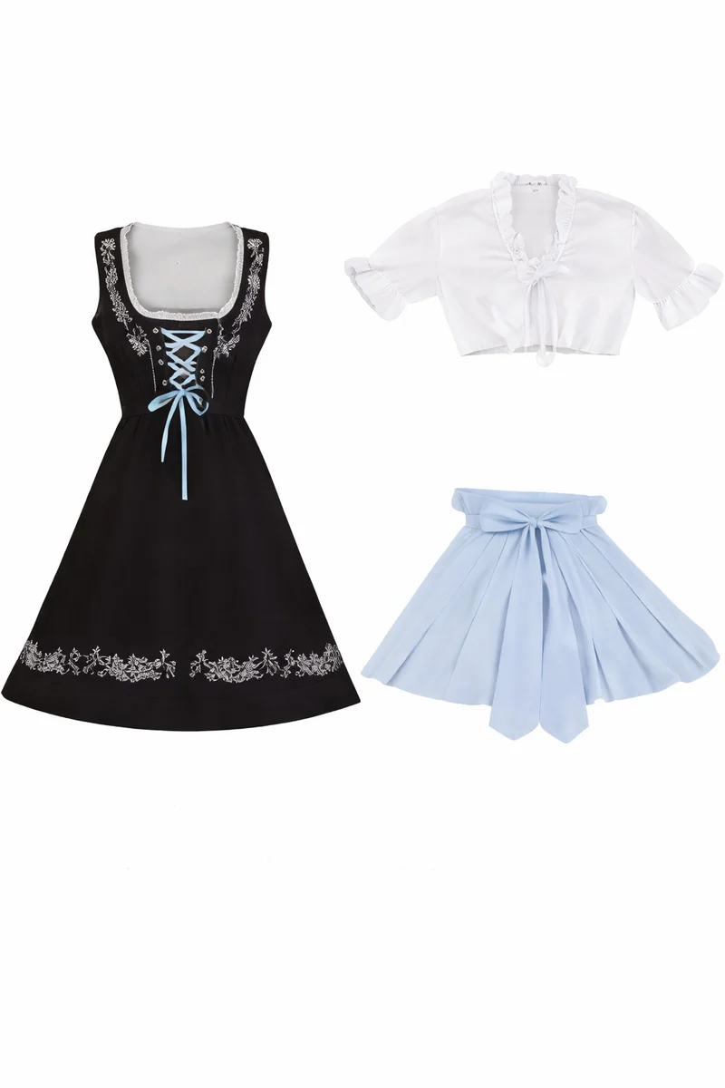 Damen Dirndl Kleid mit Stickerei, Schnürung und Schürzenband