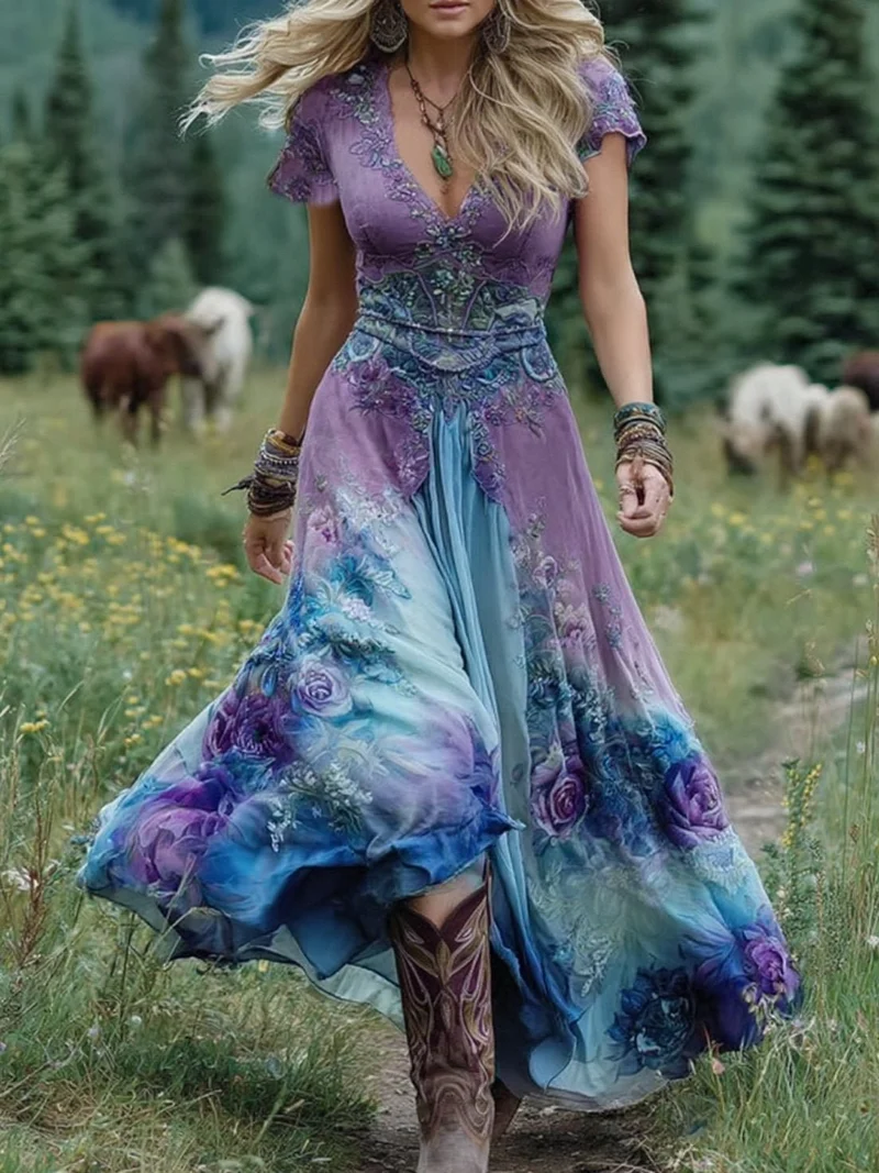 Greta | Maxi Kleid V-Ausschnitt Blumenmuster Boho Sommer