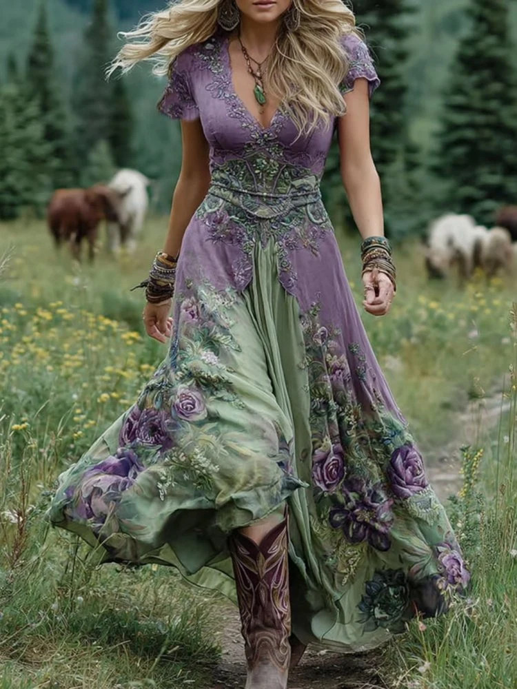 Greta | Maxi Kleid V-Ausschnitt Blumenmuster Boho Sommer