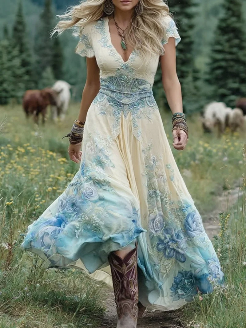 Greta | Maxi Kleid V-Ausschnitt Blumenmuster Boho Sommer