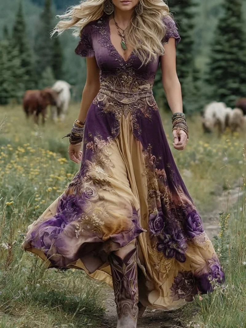 Greta | Maxi Kleid V-Ausschnitt Blumenmuster Boho Sommer