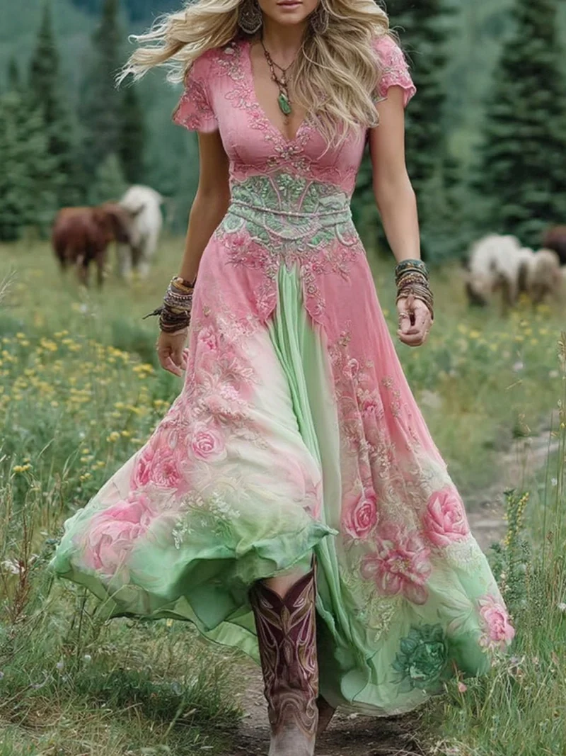 Greta | Maxi Kleid V-Ausschnitt Blumenmuster Boho Sommer