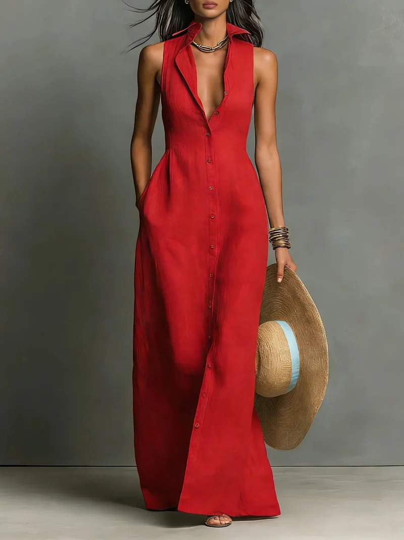 Nora | Leinen Maxi Hemdblusenkleid Ärmellos Hemdkragen