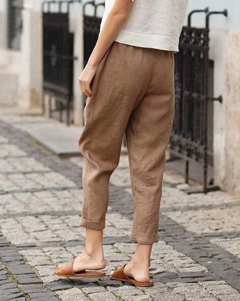 Lena | Damen Leinen-Baumwoll Harem-Hose mit Elastikbund
