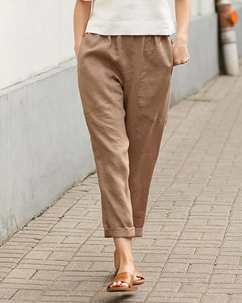 Lena | Damen Leinen-Baumwoll Harem-Hose mit Elastikbund