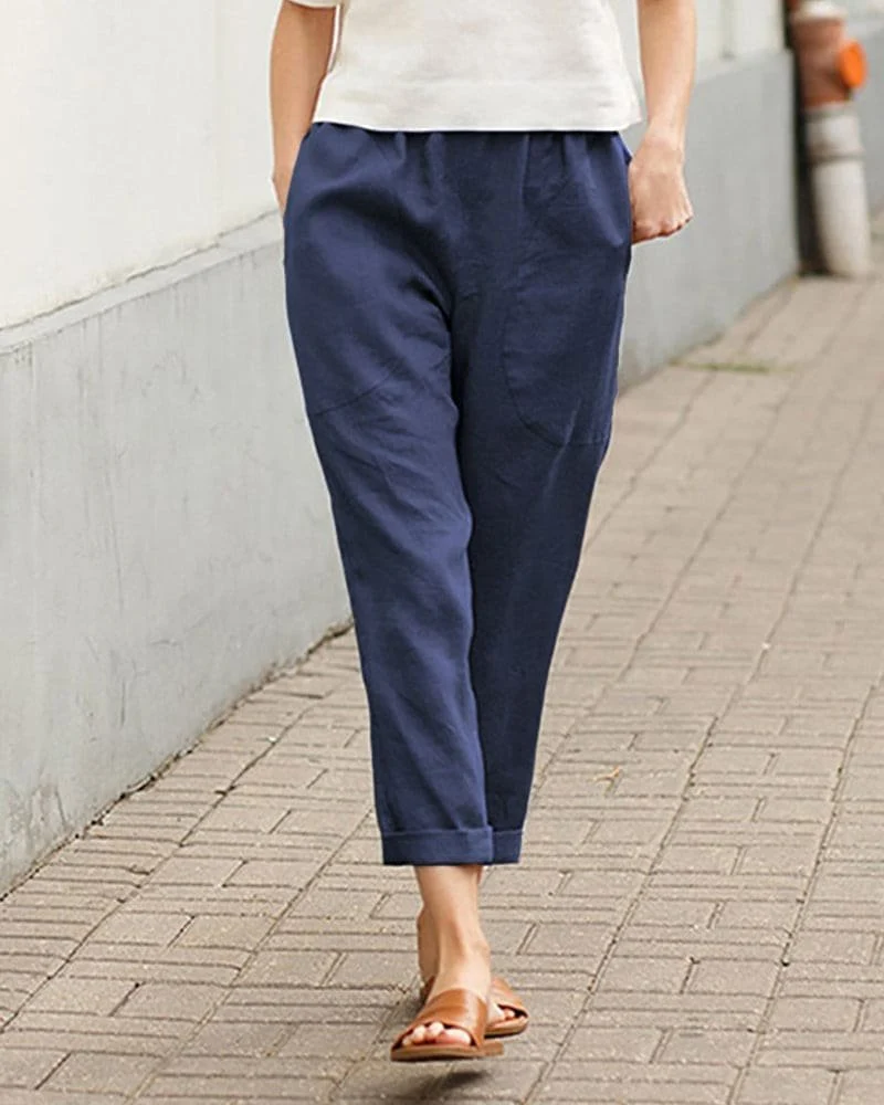 Lena | Damen Leinen-Baumwoll Harem-Hose mit Elastikbund
