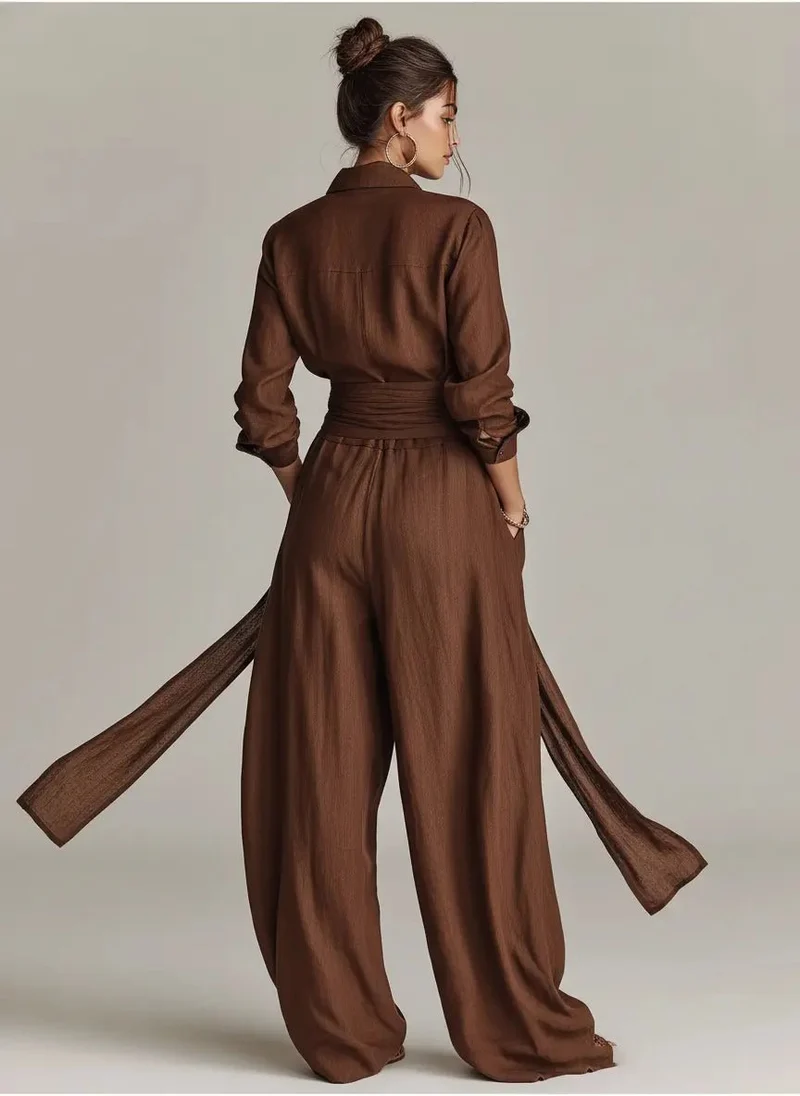 Lena | Damen Leinen Hemdkragen Langarm Jumpsuit mit Gürtel
