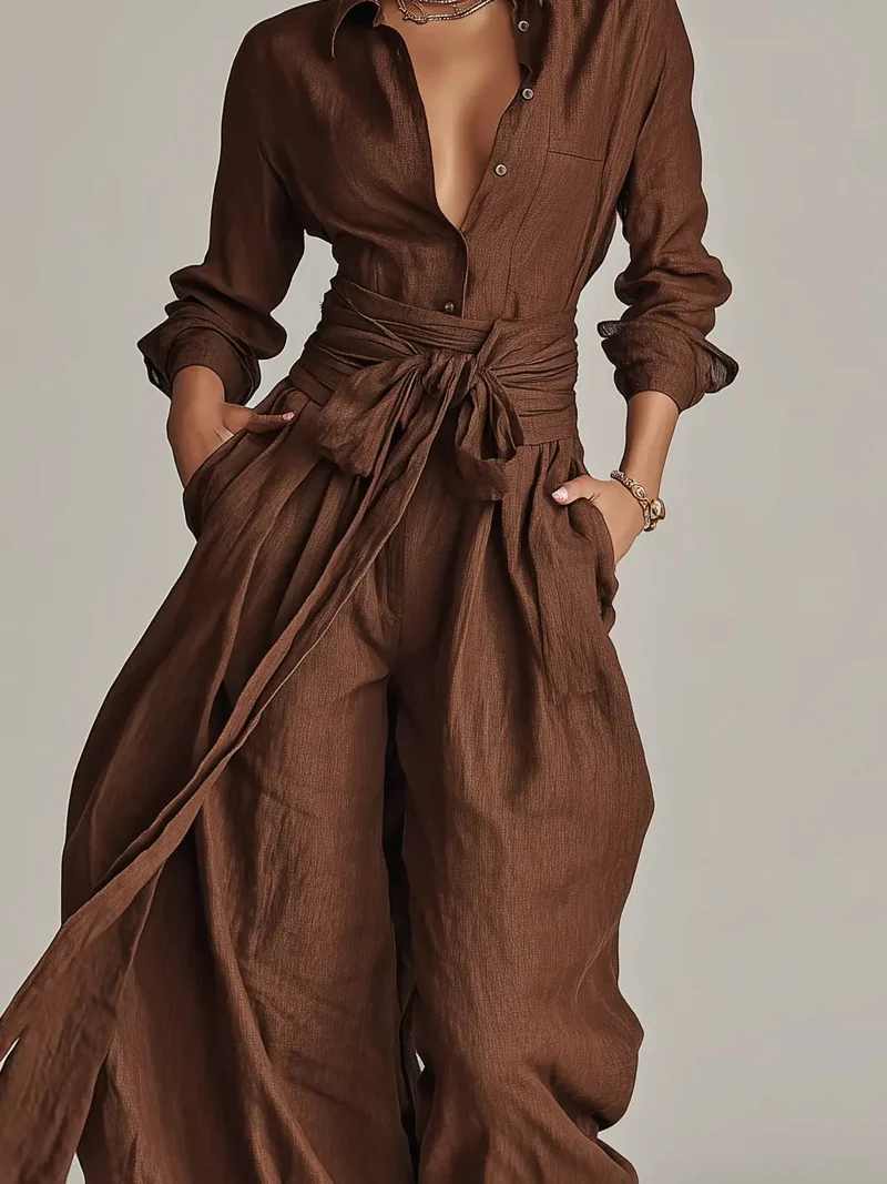 Lena | Damen Leinen Hemdkragen Langarm Jumpsuit mit Gürtel
