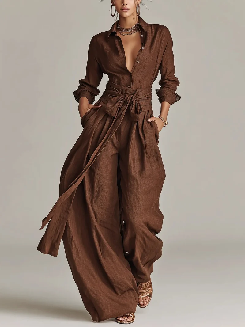 Lena | Damen Leinen Hemdkragen Langarm Jumpsuit mit Gürtel