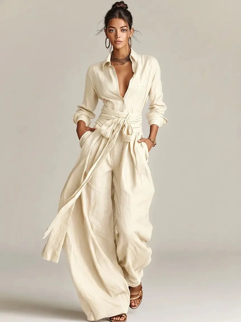 Lena | Damen Leinen Hemdkragen Langarm Jumpsuit mit Gürtel