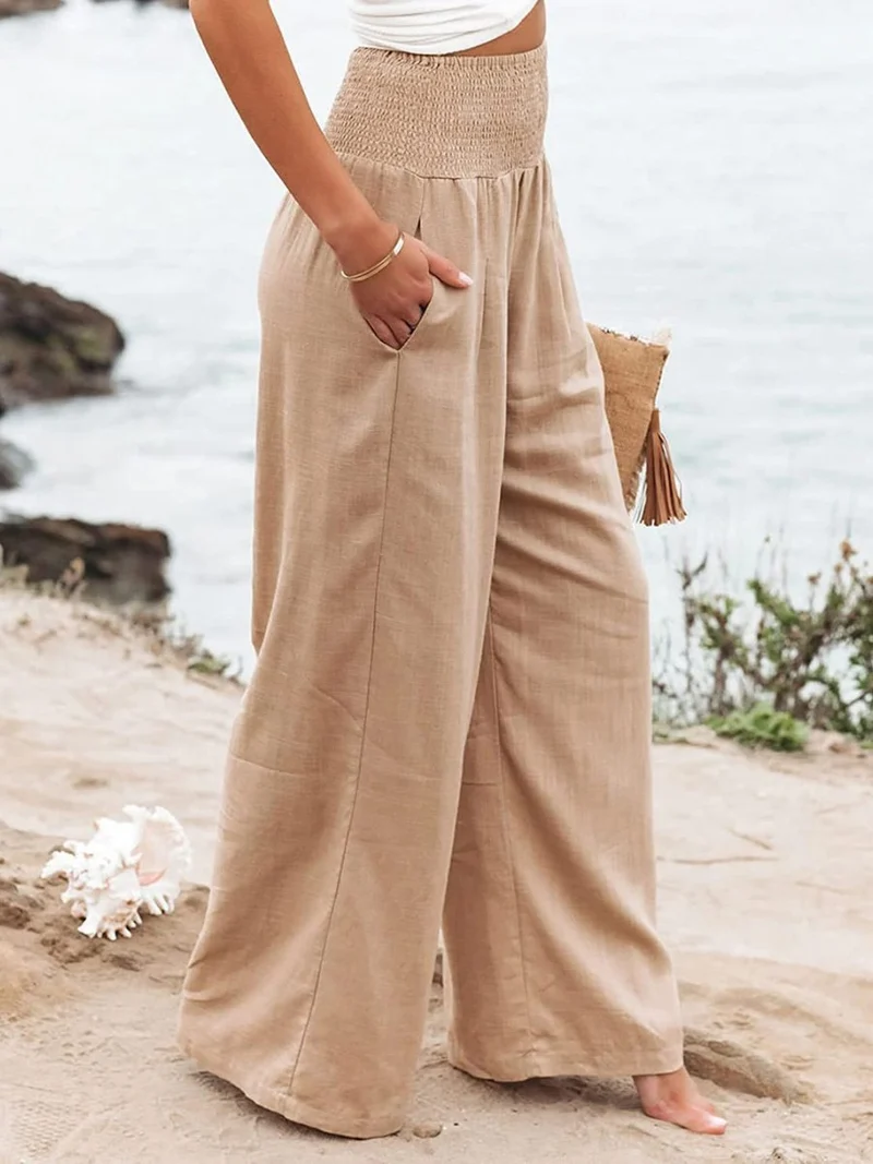 Amelie | Damen Leinen Wide-Leg Hose mit elastischem Smokbund