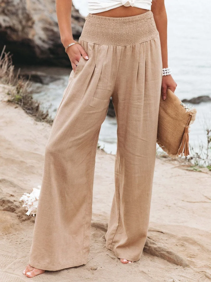 Amelie | Damen Leinen Wide-Leg Hose mit elastischem Smokbund