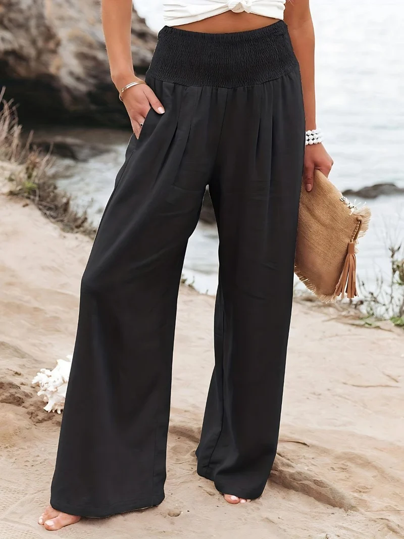 Amelie | Damen Leinen Wide-Leg Hose mit elastischem Smokbund