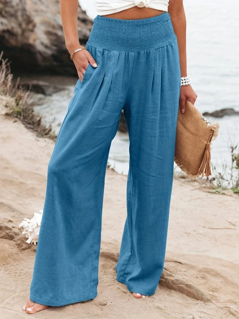 Amelie | Damen Leinen Wide-Leg Hose mit elastischem Smokbund