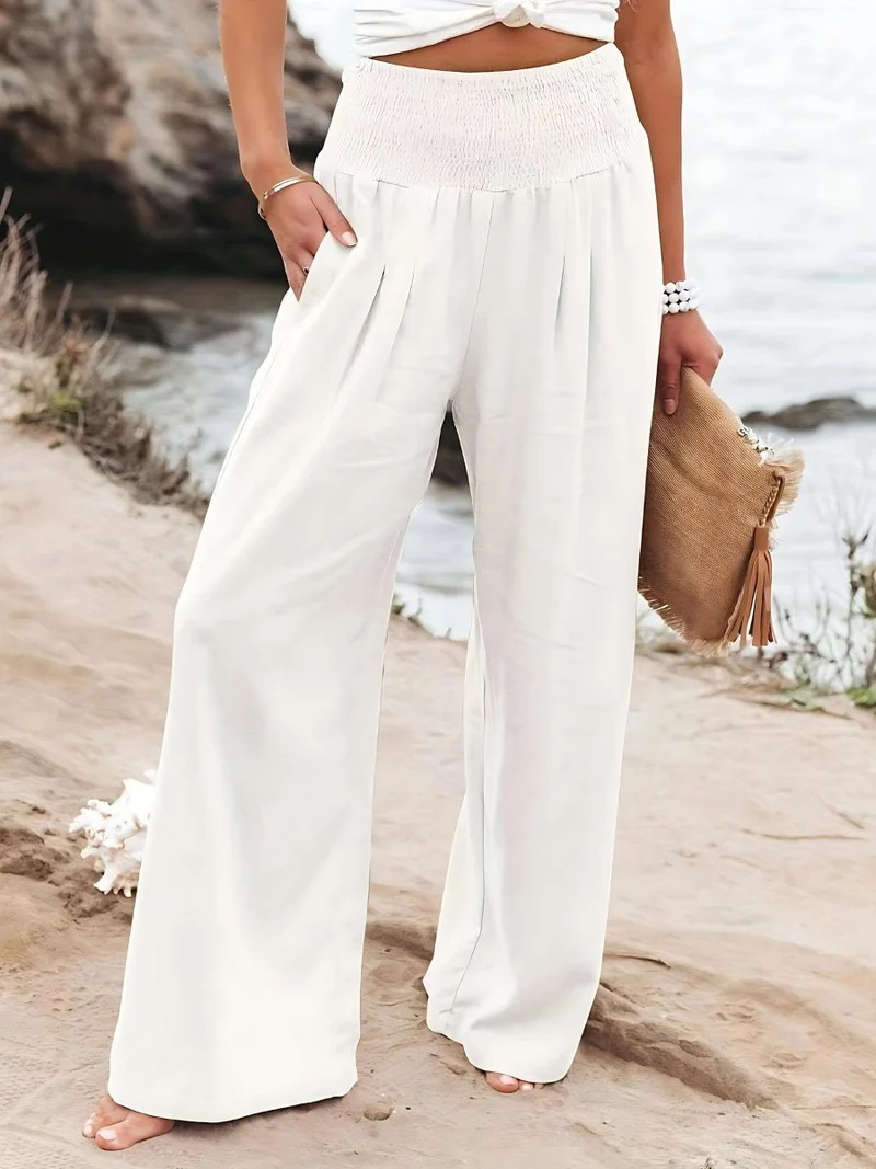 Amelie | Damen Leinen Wide-Leg Hose mit elastischem Smokbund