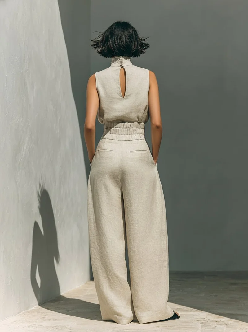 Mia | Damen Leinen Rollkragen Top mit weiter Hose Set